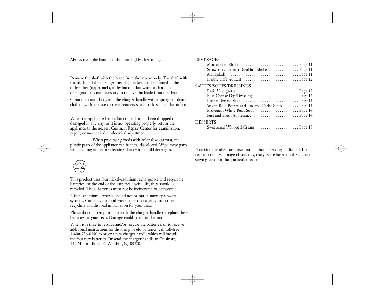 Cleaning, Disposal / recycling of batteries, Recipe table of contents | About the recipes | Cuisinart CSB-44N User Manual | Page 10 / 16