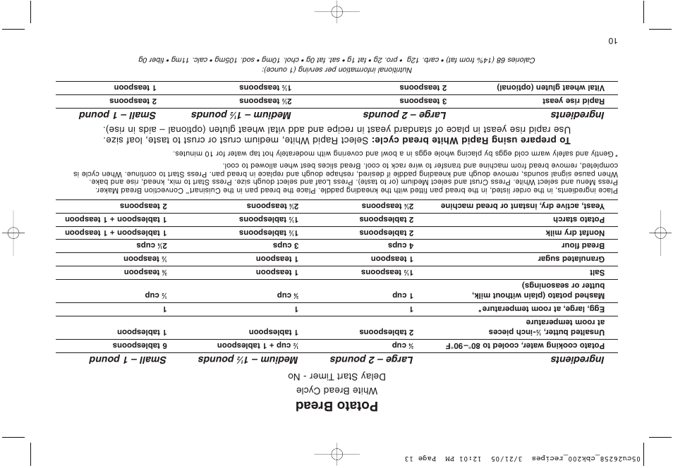 Potato bread, Ingredients large – 2 pounds medium – 1, Pounds small – 1 pound | Cuisinart CBK-200 User Manual | Page 102 / 115