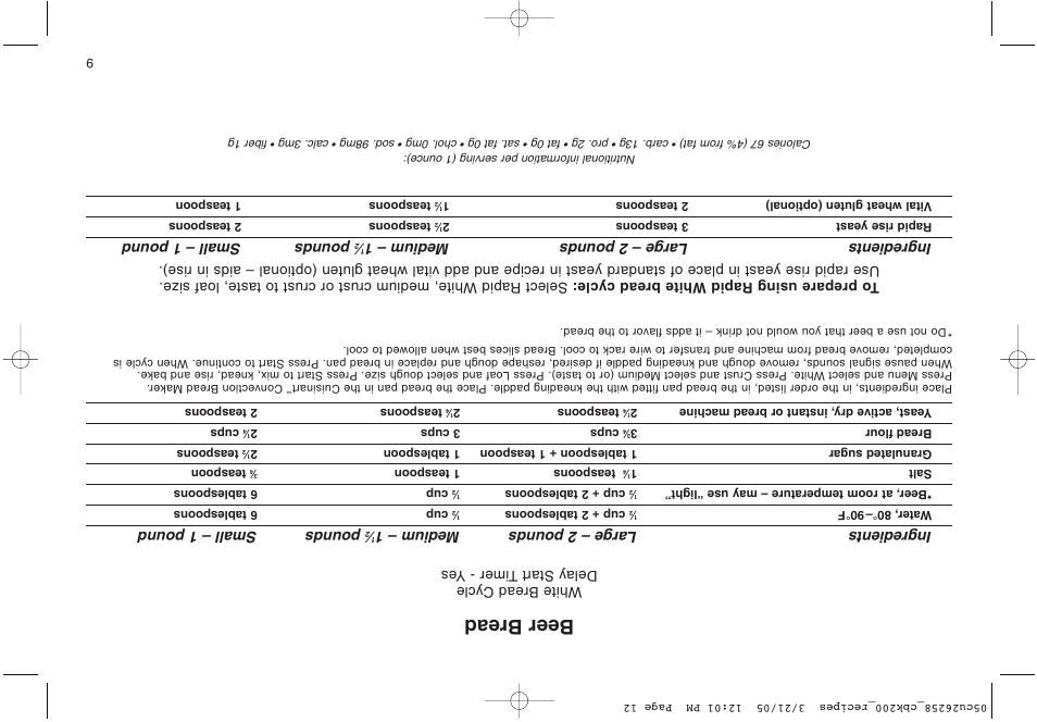 Beer bread, Ingredients large – 2 pounds medium – 1, Pounds small – 1 pound | Cuisinart CBK-200 User Manual | Page 103 / 115