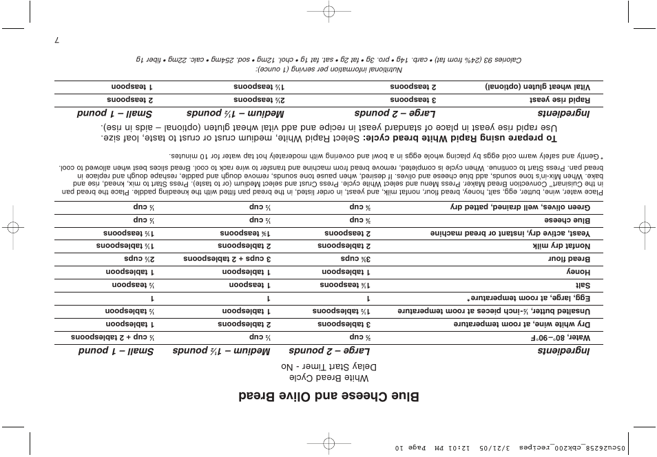 Blue cheese and olive bread, Ingredients large – 2 pounds medium – 1, Pounds small – 1 pound | Cuisinart CBK-200 User Manual | Page 105 / 115