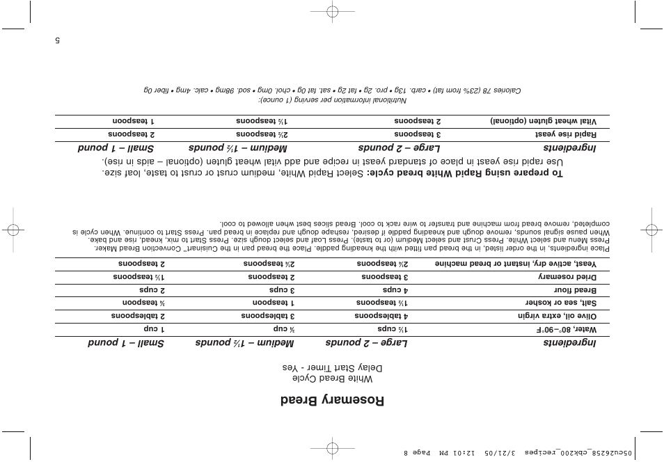 Rosemary bread, Ingredients large – 2 pounds medium – 1, Pounds small – 1 pound | Cuisinart CBK-200 User Manual | Page 107 / 115