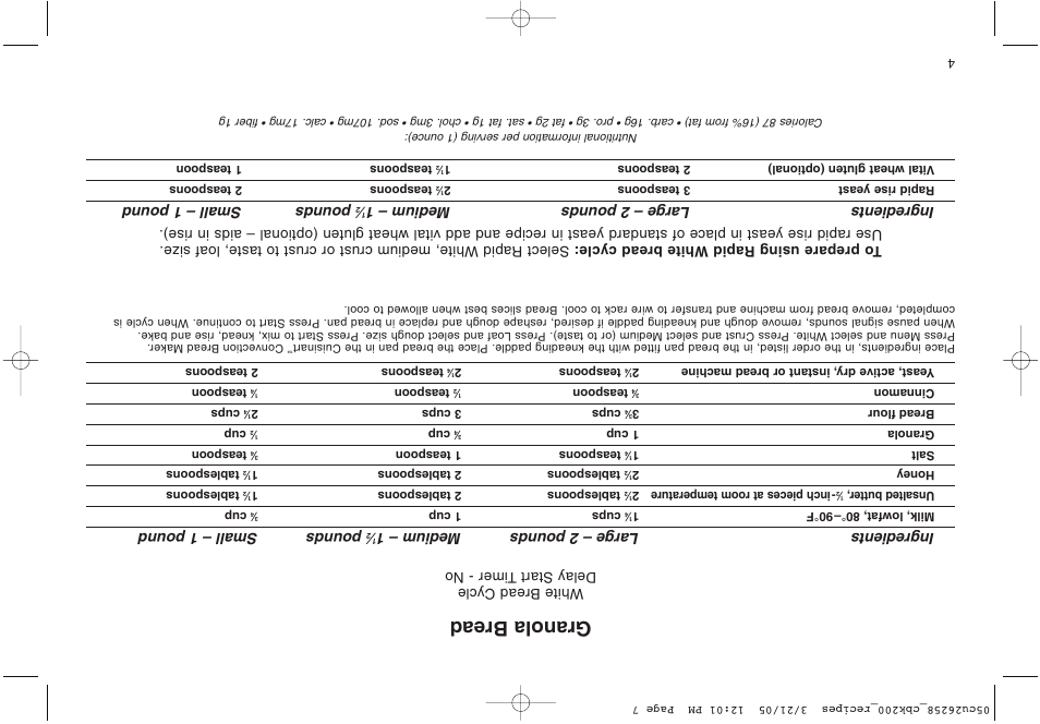 Granola bread, Ingredients large – 2 pounds medium – 1, Pounds small – 1 pound | White bread cycle delay start t imer - no | Cuisinart CBK-200 User Manual | Page 108 / 115