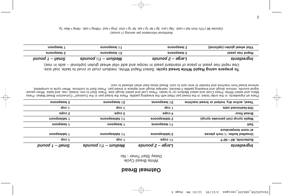 Oatmeal bread, Ingredients large – 2 pounds medium – 1, Pounds small – 1 pound | Cuisinart CBK-200 User Manual | Page 110 / 115