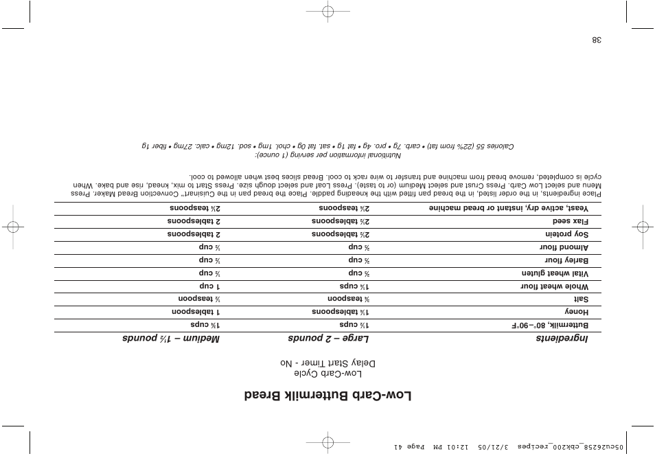 Low-carb buttermilk bread, Ingredients large – 2 pounds medium – 1, Pounds | Low-carb cycle delay start t imer - no | Cuisinart CBK-200 User Manual | Page 74 / 115