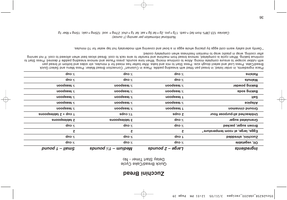 Zucchini bread, Ingredients large – 2 pounds medium – 1, Pounds small – 1 pound | Quick bread/cake cycle delay start t imer - no | Cuisinart CBK-200 User Manual | Page 76 / 115