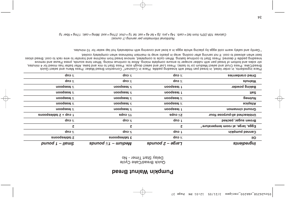 Pumpkin walnut bread, Ingredients large – 2 pounds medium – 1, Pounds small – 1 pound | Quick bread/cake cycle delay start t imer - no | Cuisinart CBK-200 User Manual | Page 78 / 115
