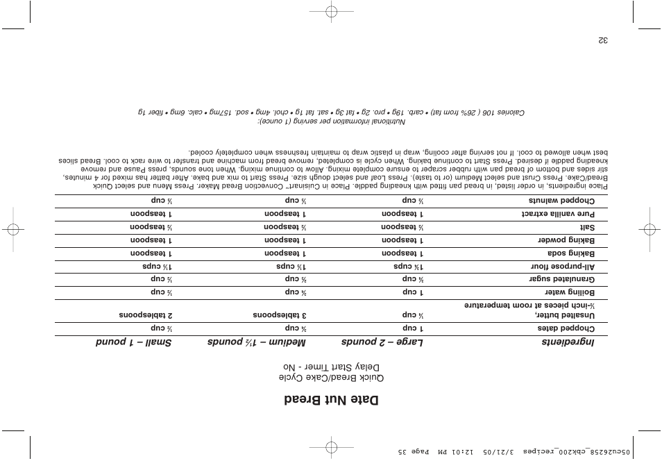 Date nut bread, Ingredients large – 2 pounds medium – 1, Pounds small – 1 pound | Quick bread/cake cycle delay start t imer - no | Cuisinart CBK-200 User Manual | Page 80 / 115