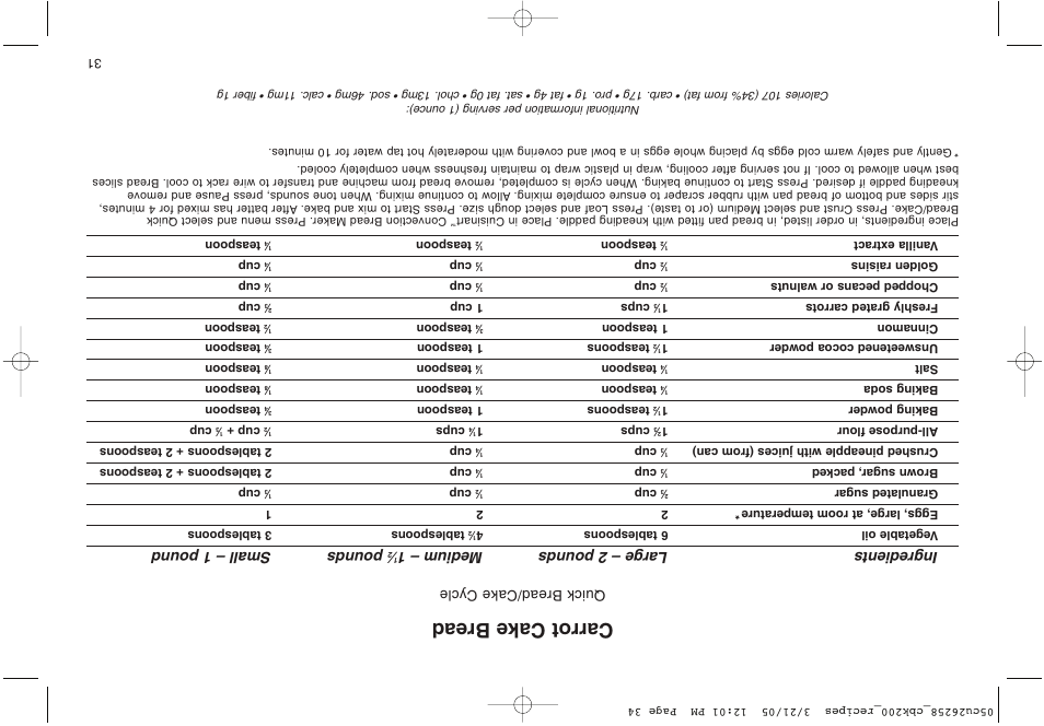 Carrot cake bread, Ingredients large – 2 pounds medium – 1, Pounds small – 1 pound | Quick bread/cake cycle | Cuisinart CBK-200 User Manual | Page 81 / 115