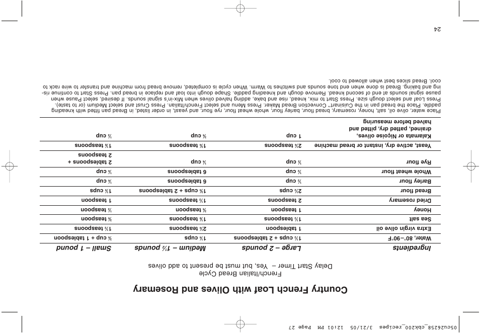 Country french loaf with olives and rosemary, Ingredients large – 2 pounds medium – 1, Pounds small – 1 pound | Cuisinart CBK-200 User Manual | Page 88 / 115