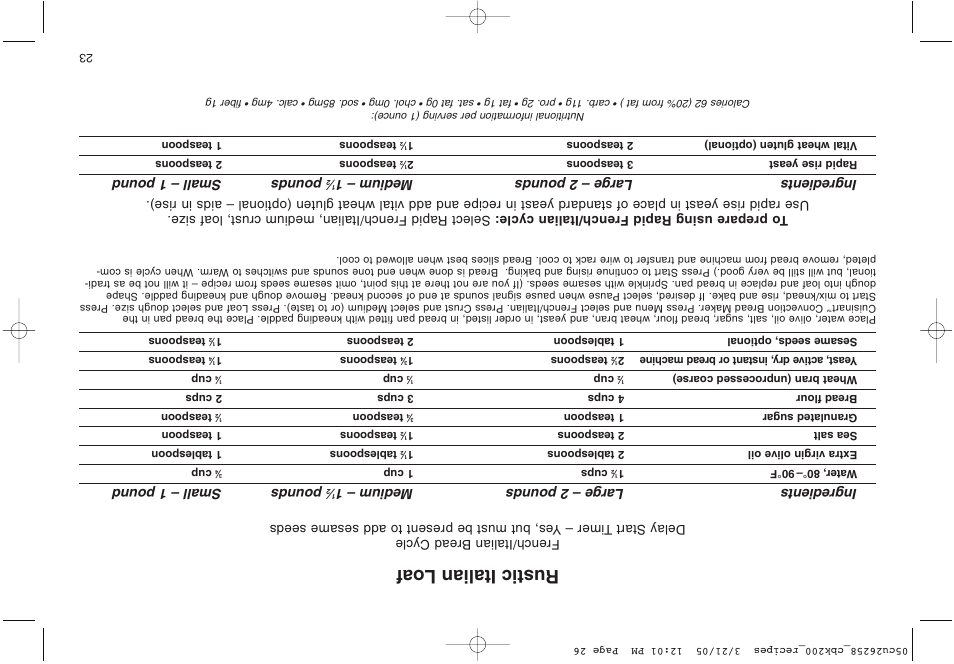Rustic italian loaf, Ingredients large – 2 pounds medium – 1, Pounds small – 1 pound | Cuisinart CBK-200 User Manual | Page 89 / 115