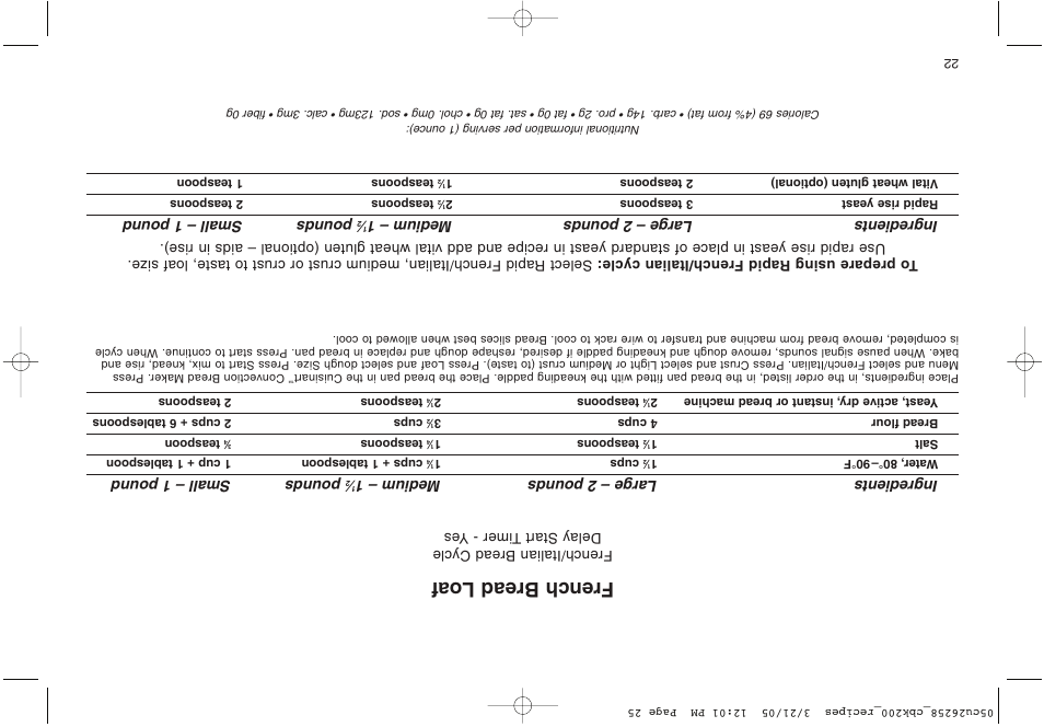 French bread loaf, Ingredients large – 2 pounds medium – 1, Pounds small – 1 pound | Cuisinart CBK-200 User Manual | Page 90 / 115