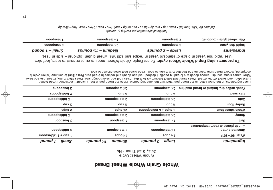 Whole grain whole wheat bread, Ingredients large – 2 pounds medium – 1, Pounds small – 1 pound | Whole wheat cycle delay start t imer - no | Cuisinart CBK-200 User Manual | Page 95 / 115