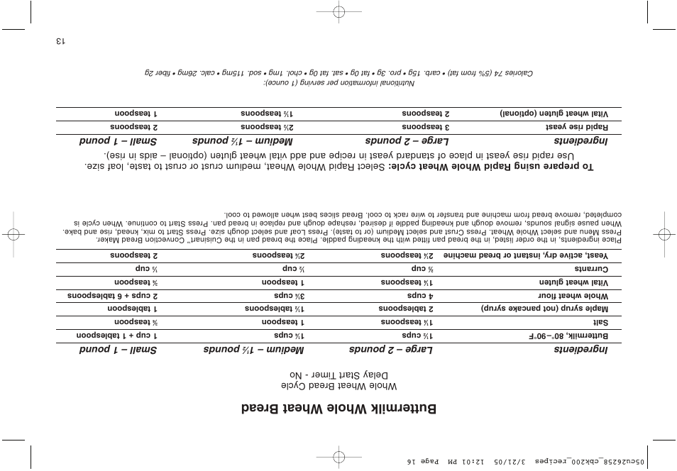 Buttermilk whole wheat bread, Ingredients large – 2 pounds medium – 1, Pounds small – 1 pound | Cuisinart CBK-200 User Manual | Page 99 / 115