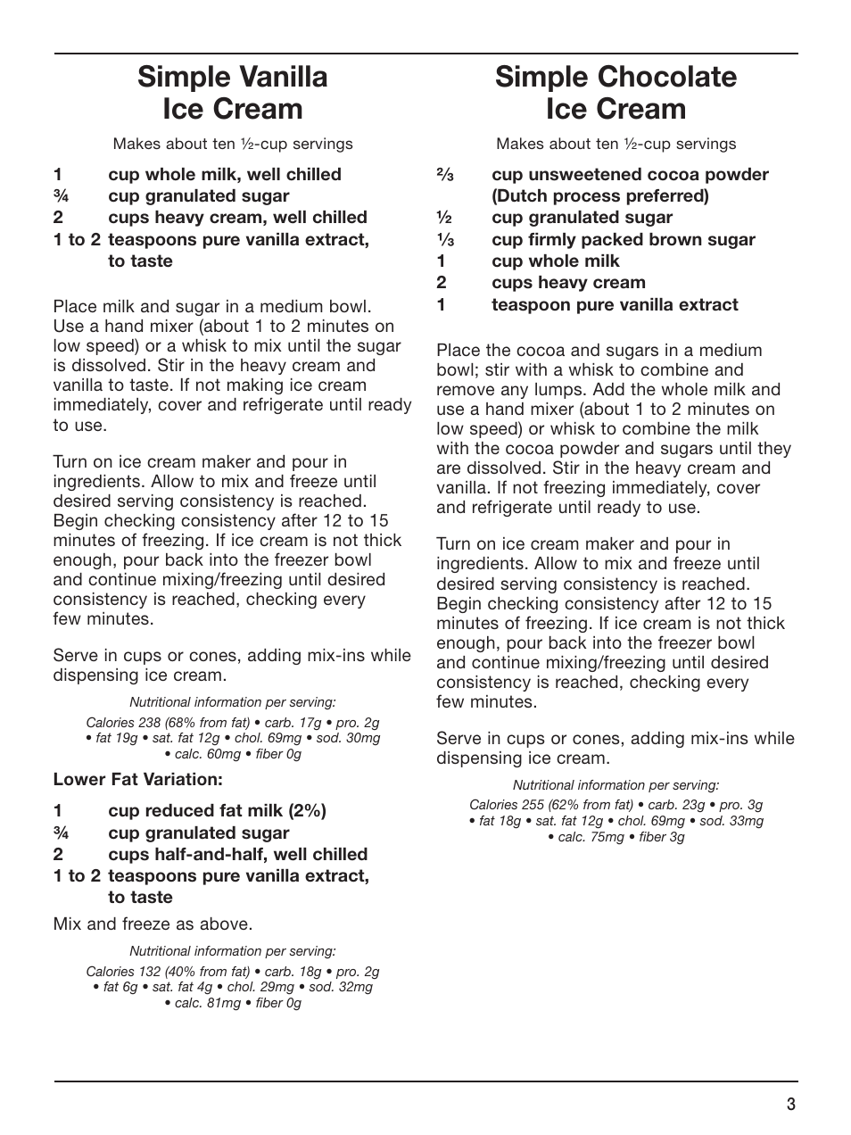 Simple vanilla ice cream, Simple chocolate ice cream | Cuisinart ICE-45 User Manual | Page 21 / 24