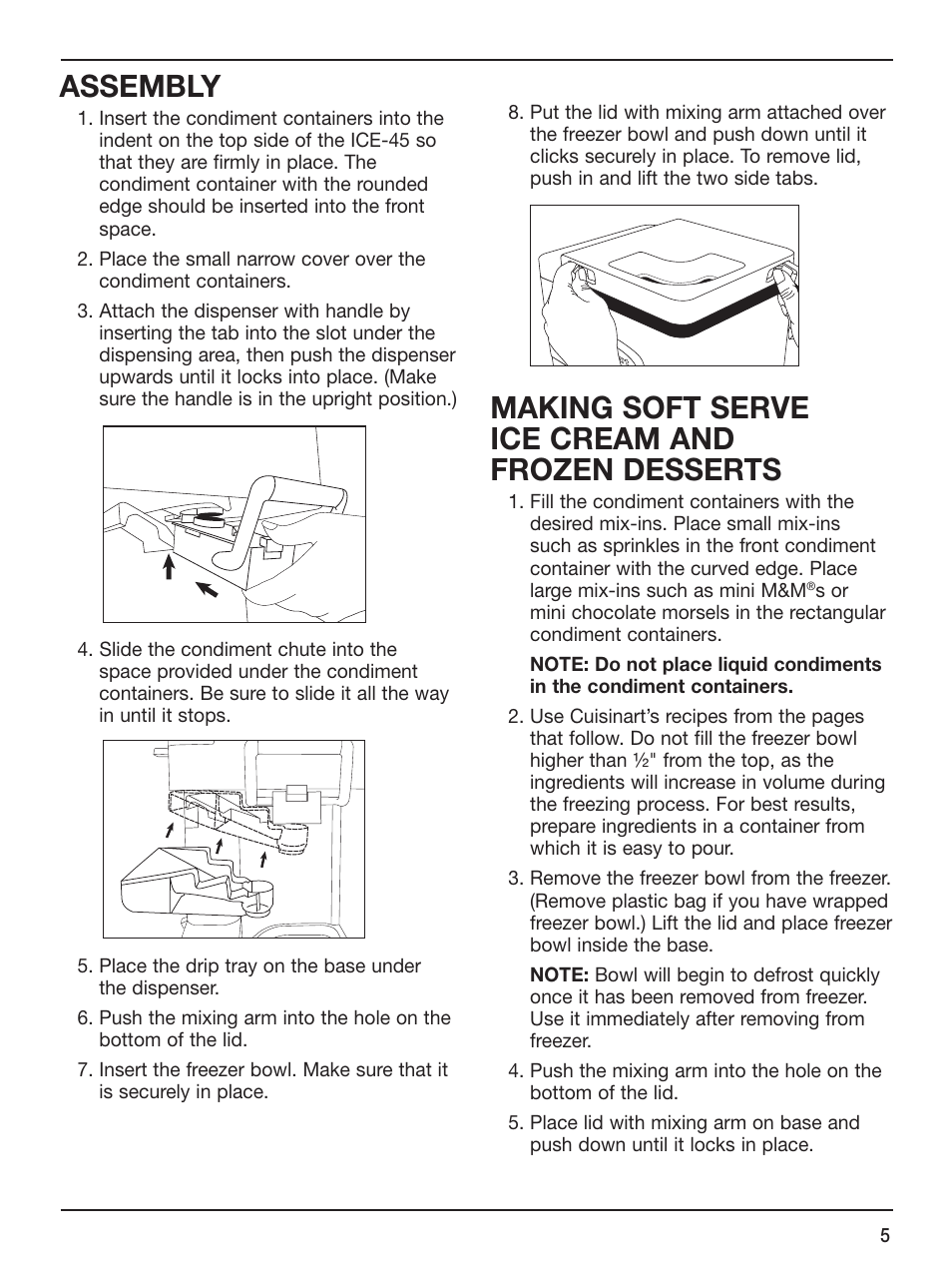 Assembly, Making soft serve ice cream and frozen desserts | Cuisinart ICE-45 User Manual | Page 5 / 24