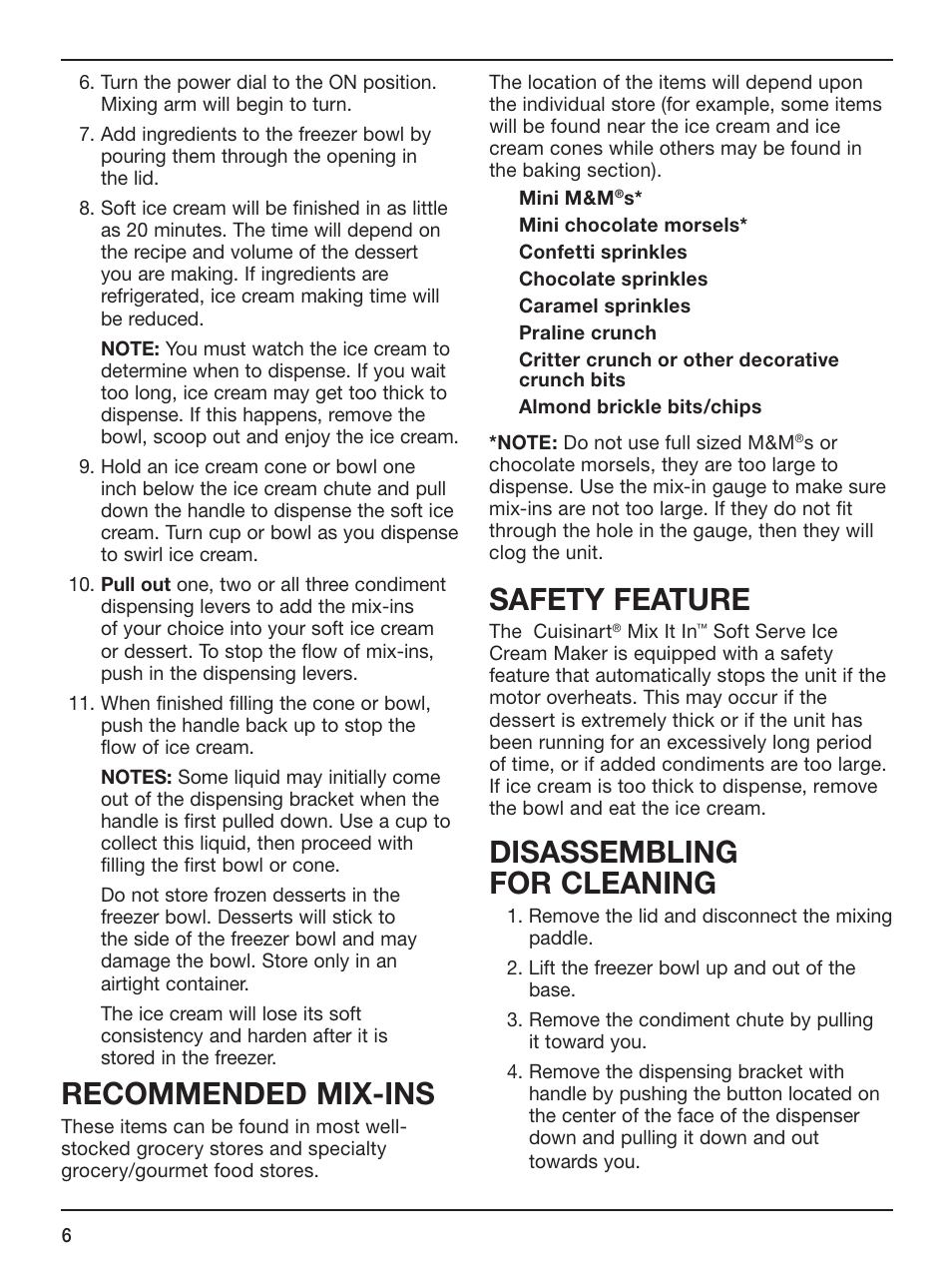 Recommended mix-ins, Safety feature, Disassembling for cleaning | Cuisinart ICE-45 User Manual | Page 6 / 24