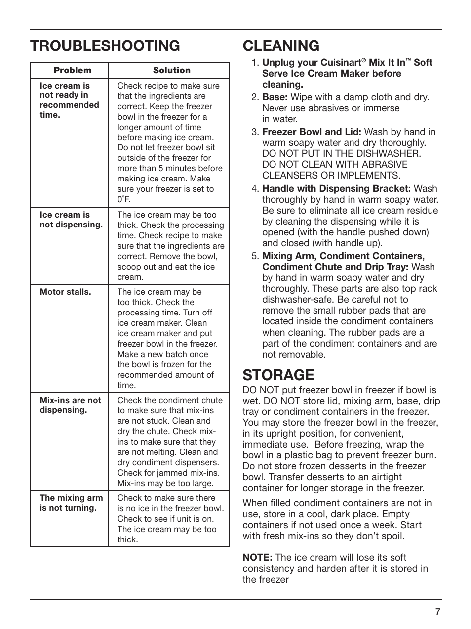Troubleshooting, Cleaning, Storage | Cuisinart ICE-45 User Manual | Page 7 / 24