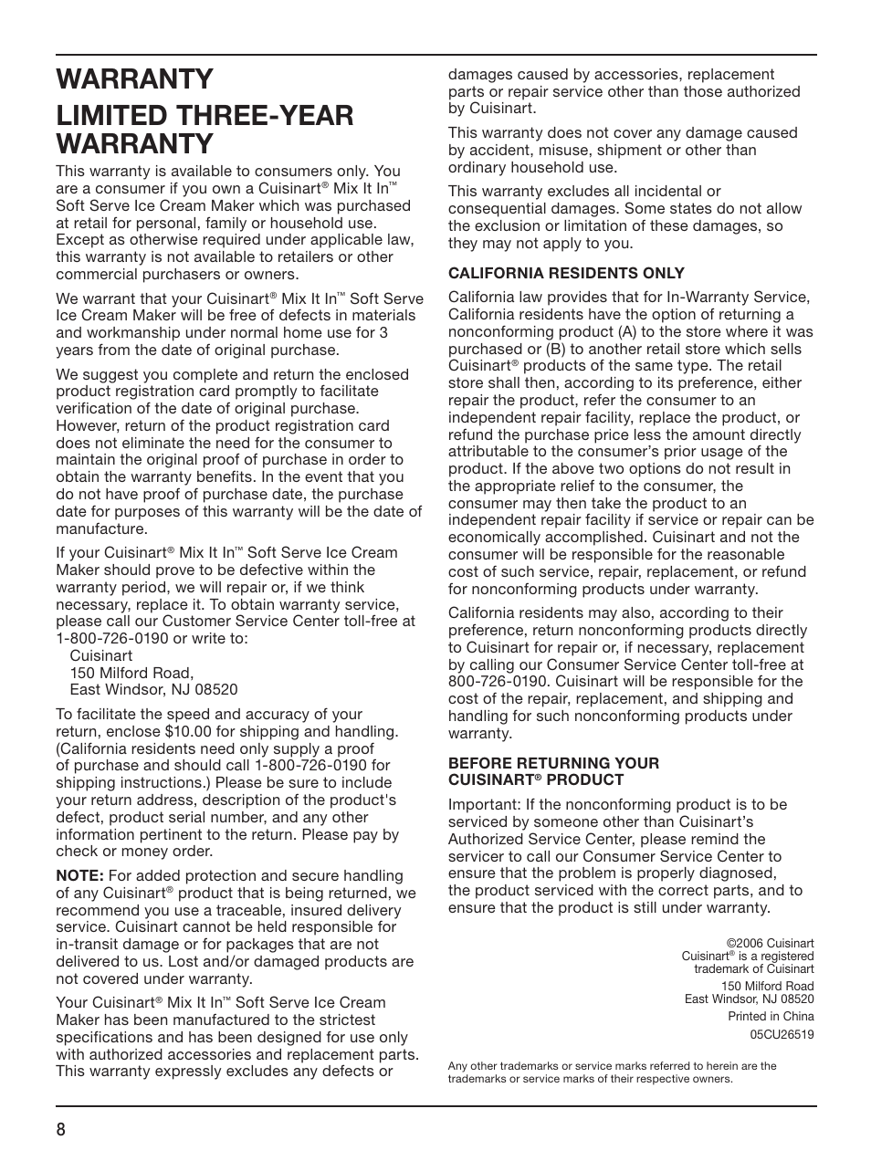 Warranty limited three-year warranty | Cuisinart ICE-45 User Manual | Page 8 / 24