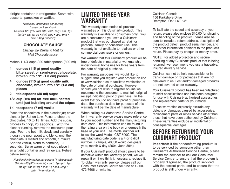 Limited three-year warranty, Before returning your cuisinart product | Cuisinart CBT-500C User Manual | Page 19 / 20