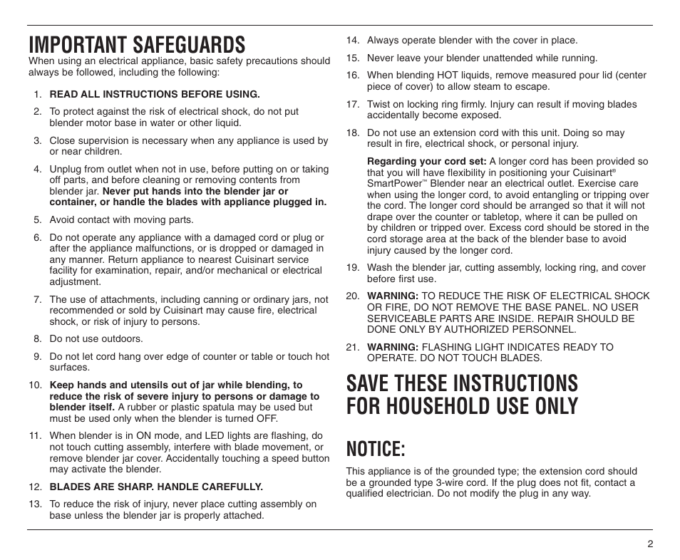 Important safeguards, Save these instructions for household use only, Notice | Cuisinart CBT-500C User Manual | Page 2 / 20