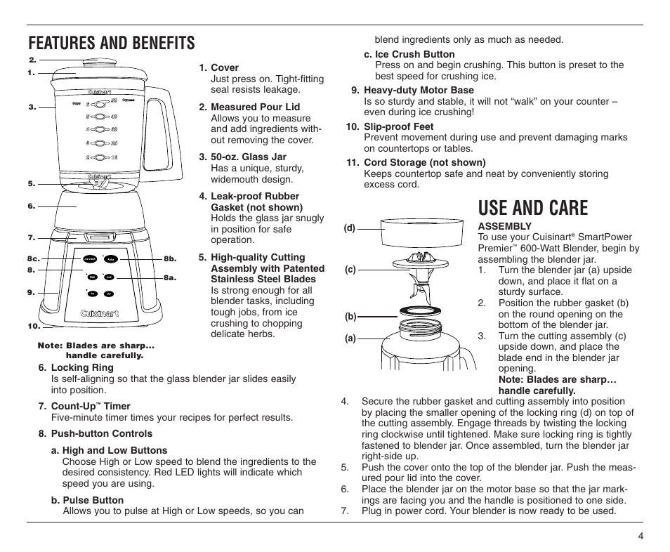 Use and care, Features and benefits | Cuisinart CBT-500C User Manual | Page 4 / 20