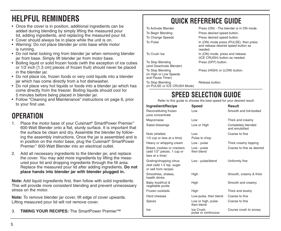 Helpful reminders, Operation, Quick reference guide | Speed selection guide | Cuisinart CBT-500C User Manual | Page 5 / 20
