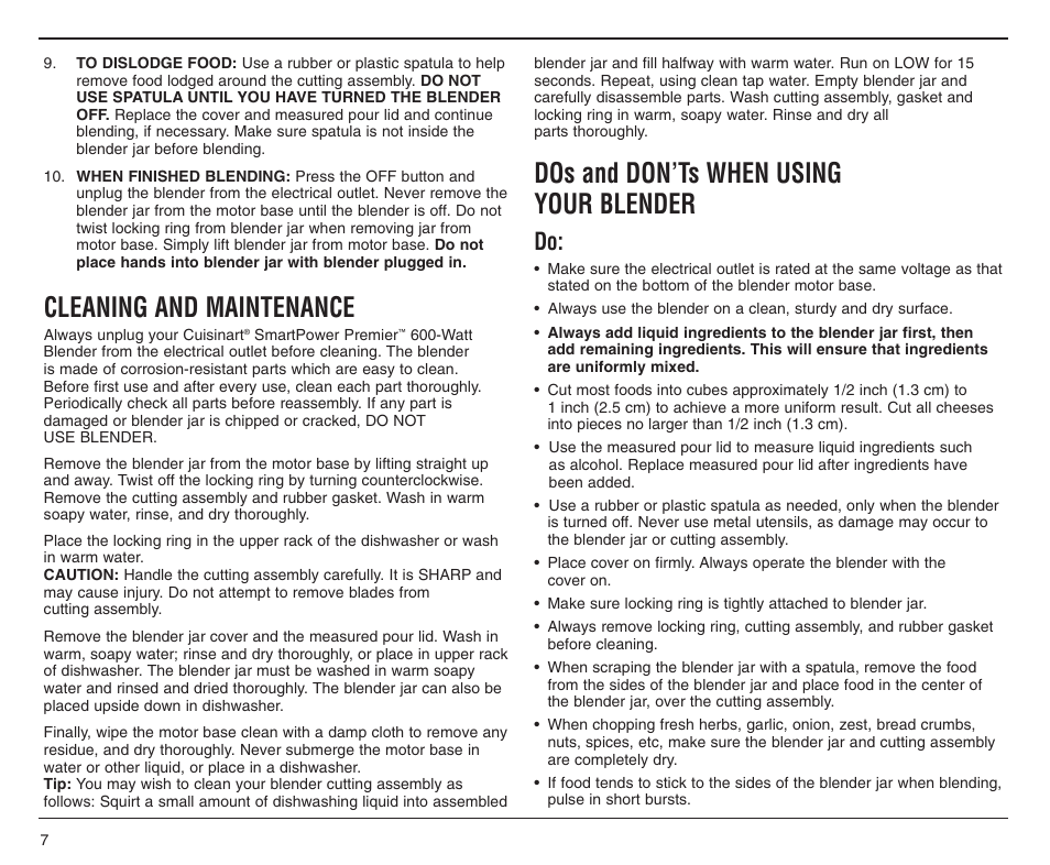 Cleaning and maintenance, Dos and don’ts when using your blender | Cuisinart CBT-500C User Manual | Page 7 / 20