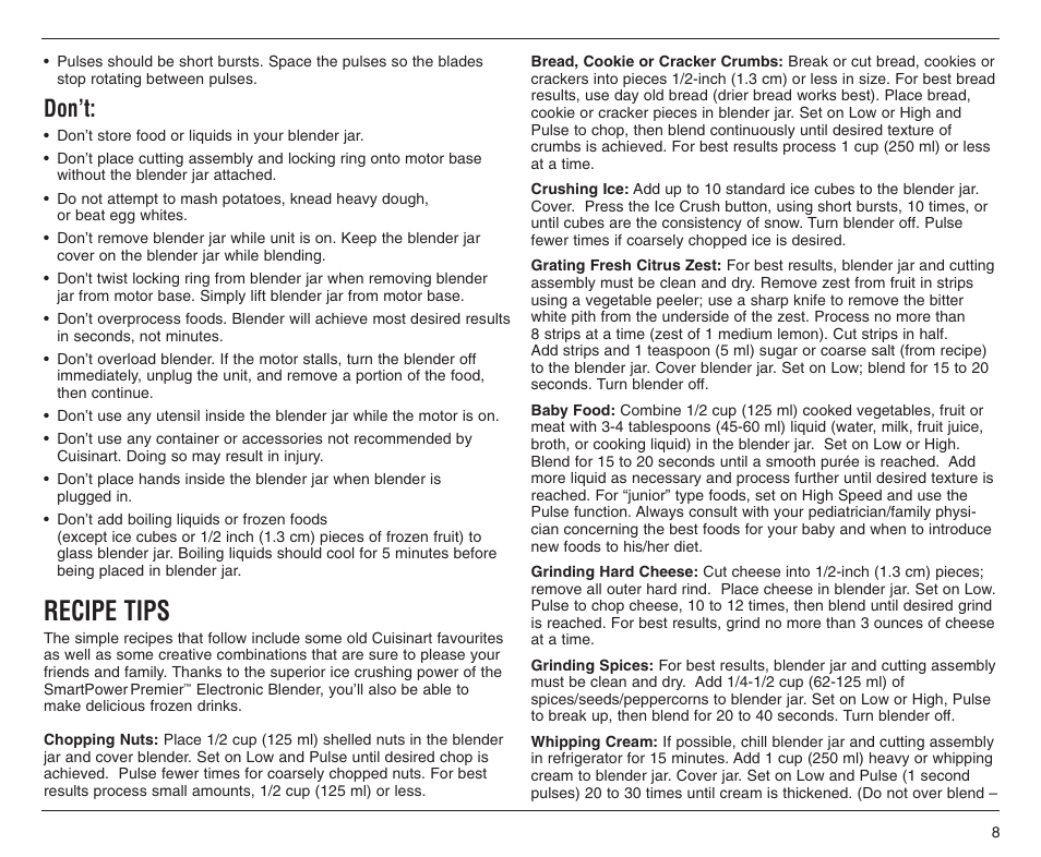 Recipe tips, Don’t | Cuisinart CBT-500C User Manual | Page 8 / 20