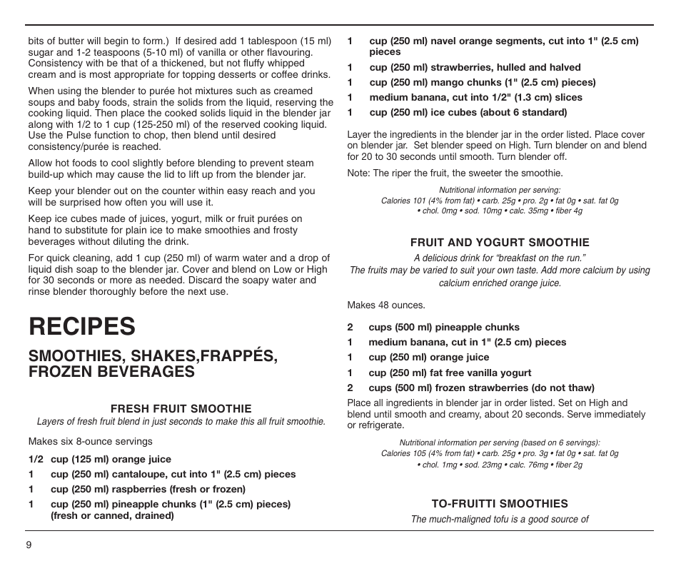 Recipes, Smoothies, shakes,frappés, frozen beverages | Cuisinart CBT-500C User Manual | Page 9 / 20