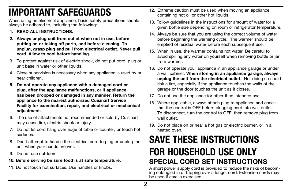 Important safeguards, Save these instructions for household use only, Special cord set instructions | Cuisinart Baby Bottle Warmer BW-10 User Manual | Page 2 / 8