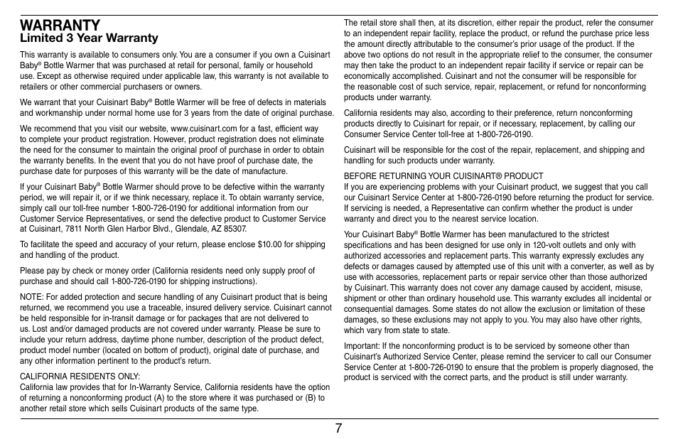 Warranty, Limited 3 year warranty | Cuisinart Baby Bottle Warmer BW-10 User Manual | Page 7 / 8