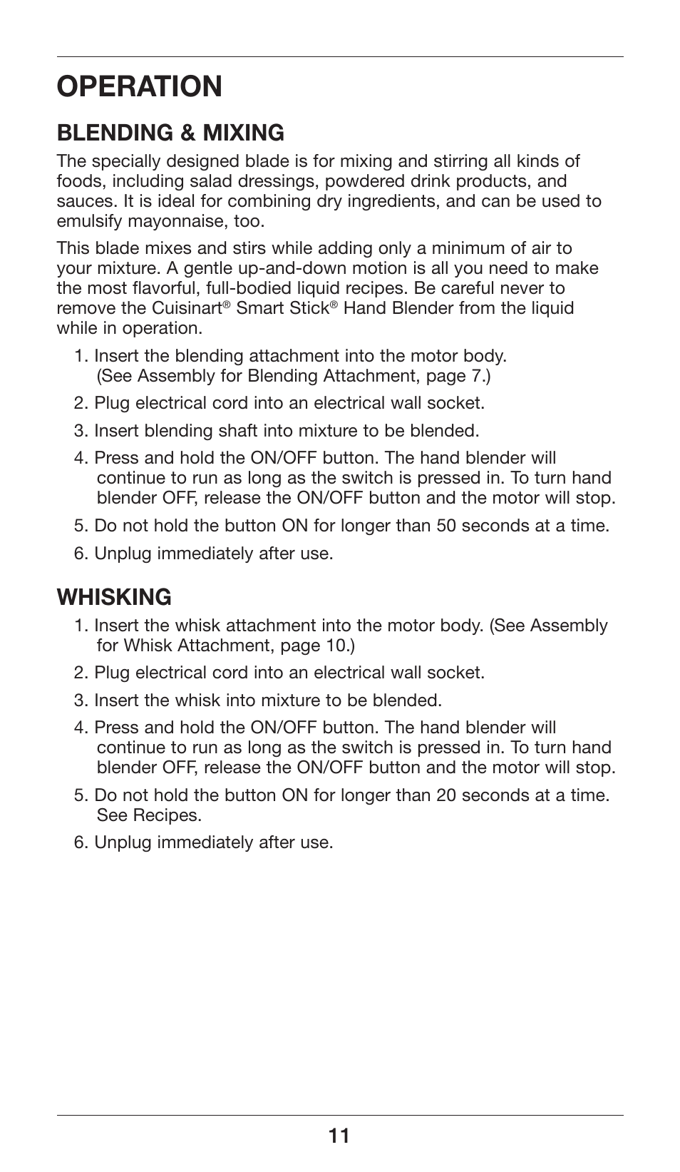 Operation, Blending & mixing, Whisking | Cuisinart Smart Stick CSB-77 User Manual | Page 11 / 32
