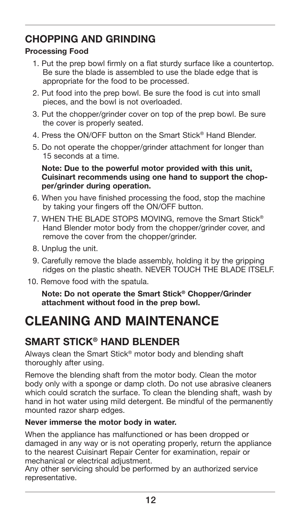 Cleaning and maintenance, Chopping and grinding, Smart stick | Hand blender | Cuisinart Smart Stick CSB-77 User Manual | Page 12 / 32