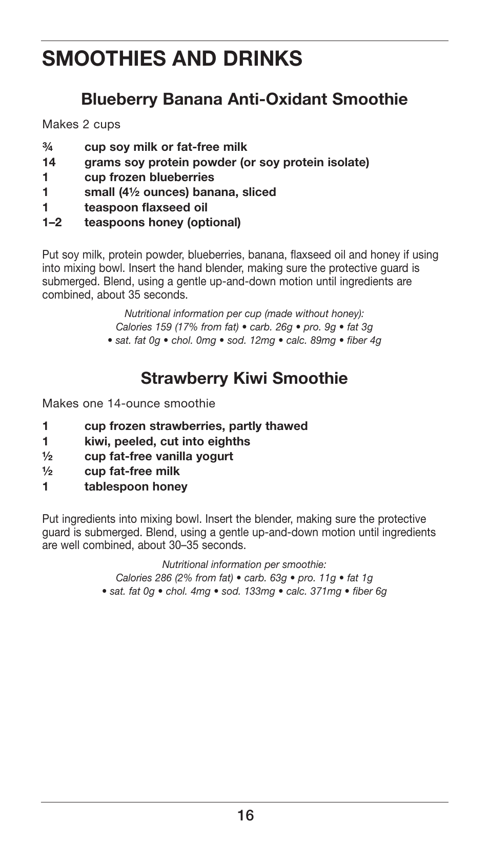 Smoothies and drinks, Blueberry banana anti-oxidant smoothie, Strawberry kiwi smoothie | Cuisinart Smart Stick CSB-77 User Manual | Page 16 / 32