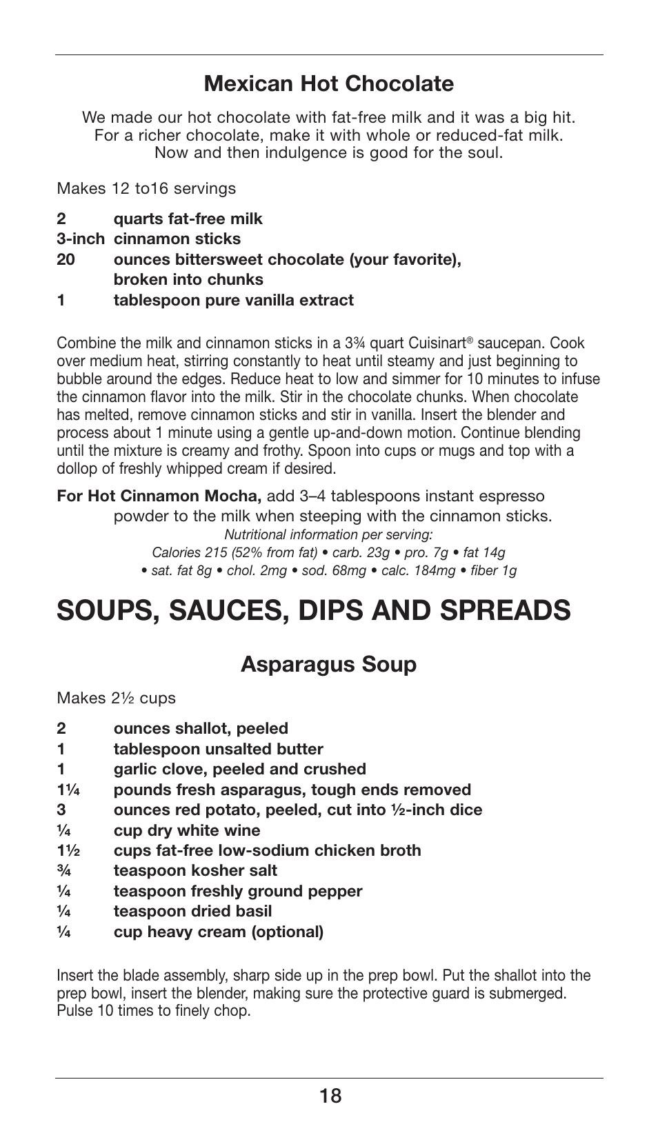 Soups, sauces, dips and spreads, Mexican hot chocolate, Asparagus soup | Cuisinart Smart Stick CSB-77 User Manual | Page 18 / 32