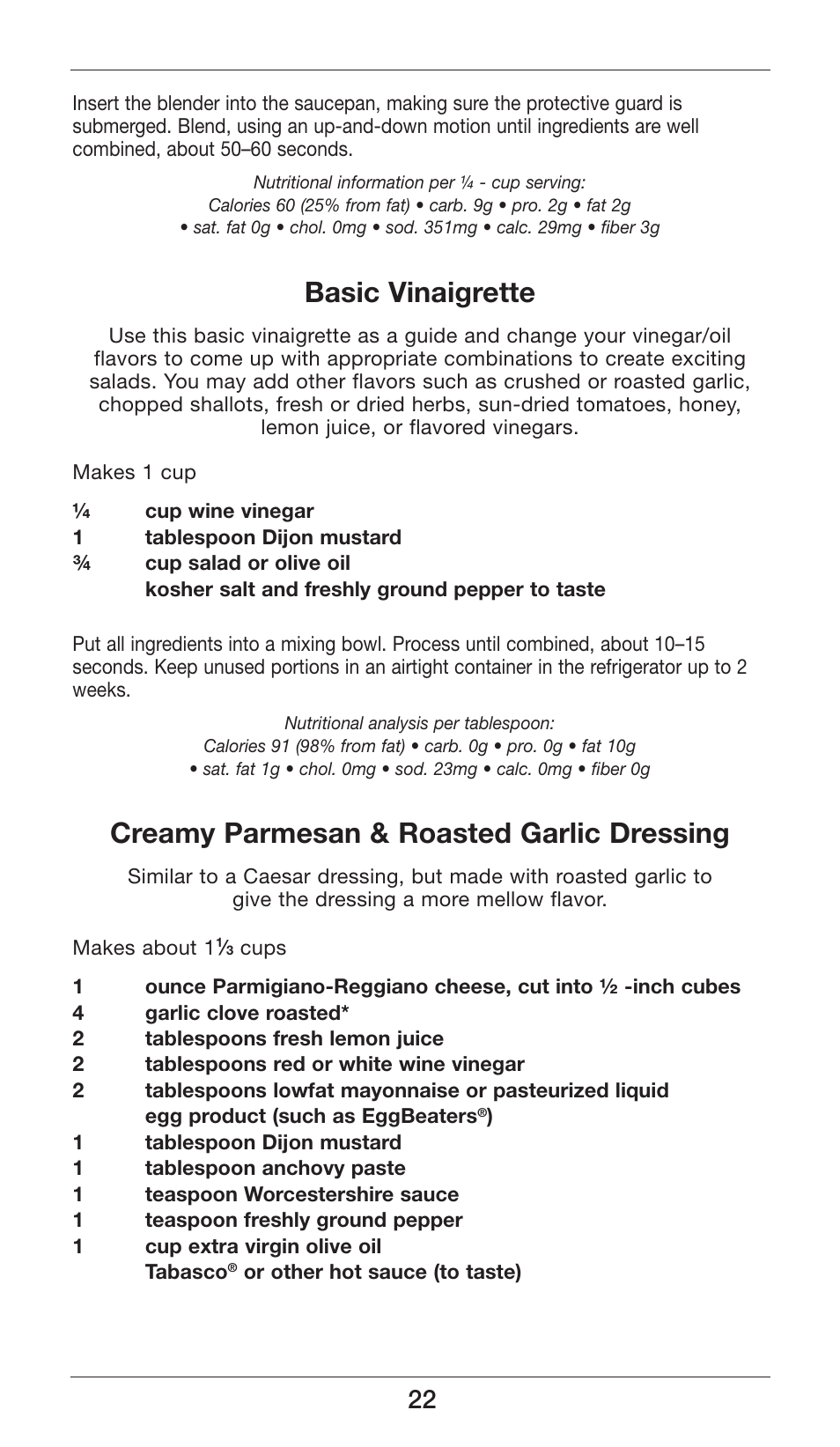 Basic vinaigrette, Creamy parmesan & roasted garlic dressing | Cuisinart Smart Stick CSB-77 User Manual | Page 22 / 32