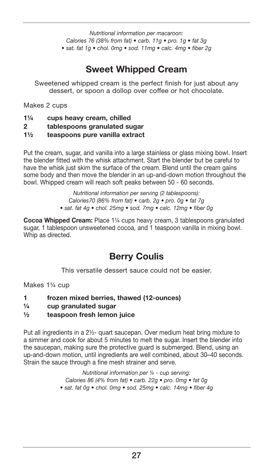 Sweet whipped cream, Berry coulis | Cuisinart Smart Stick CSB-77 User Manual | Page 27 / 32