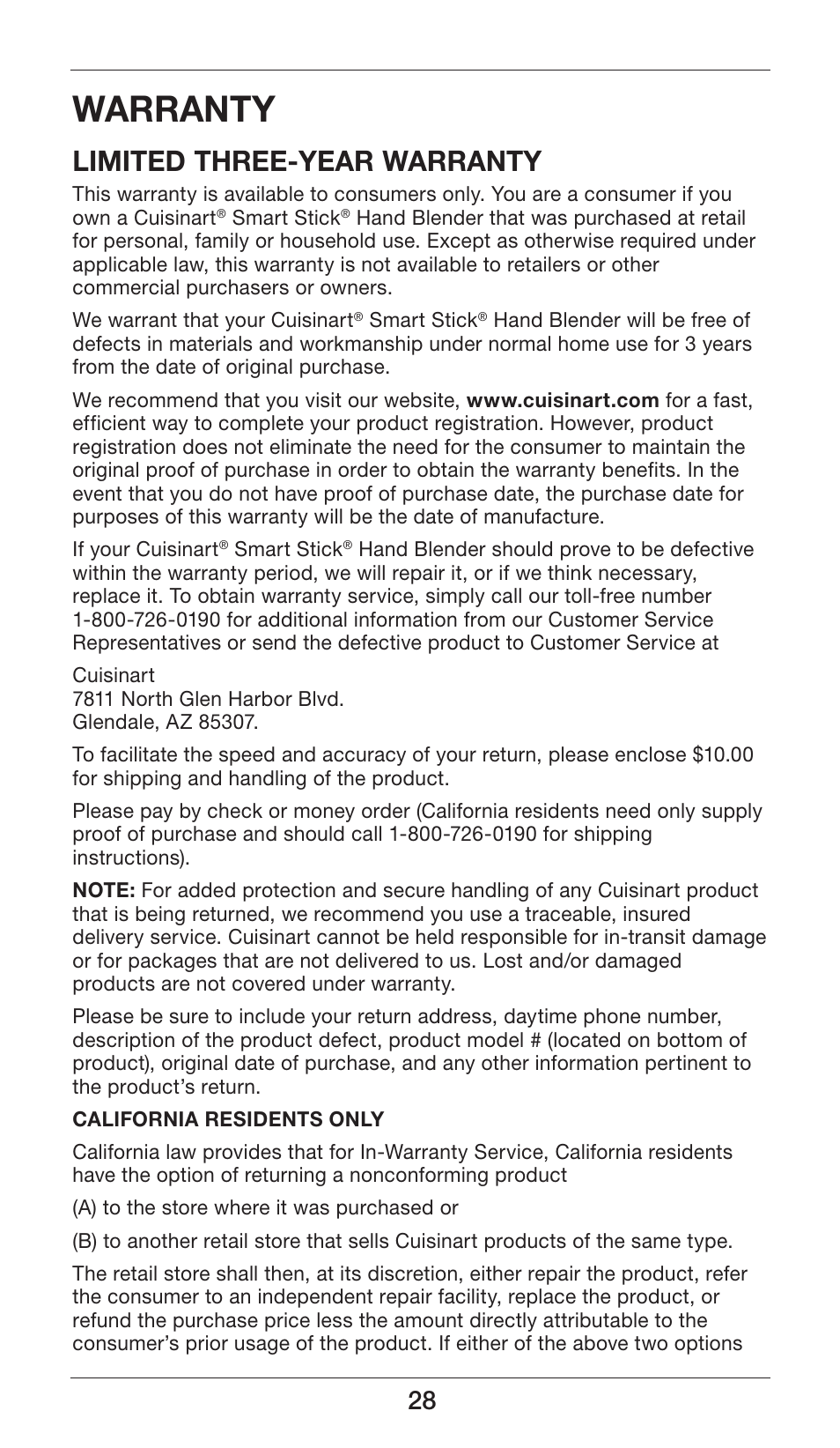 Warranty, Limited three-year warranty | Cuisinart Smart Stick CSB-77 User Manual | Page 28 / 32