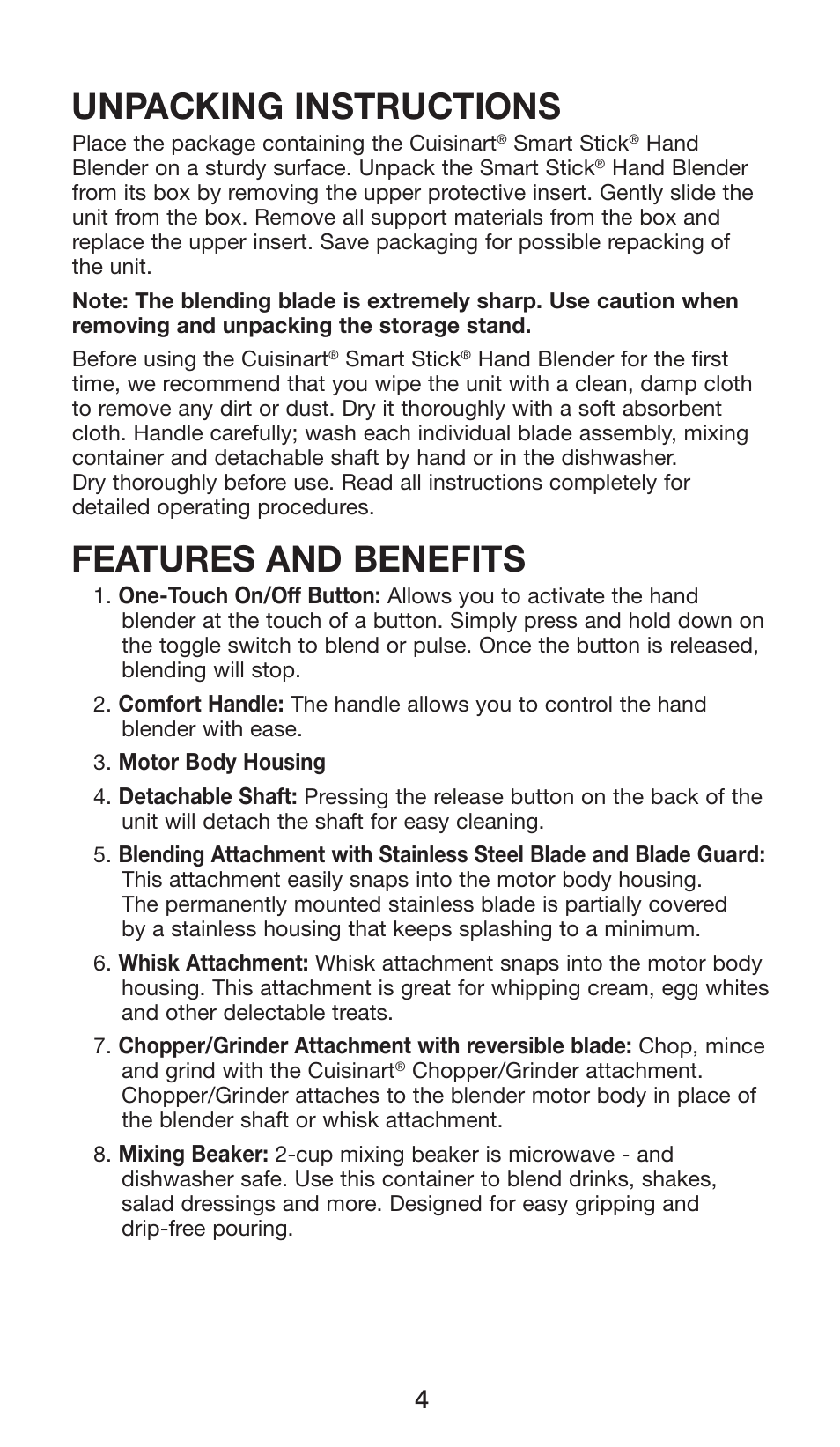 Unpacking instructions, Features and benefits | Cuisinart Smart Stick CSB-77 User Manual | Page 4 / 32