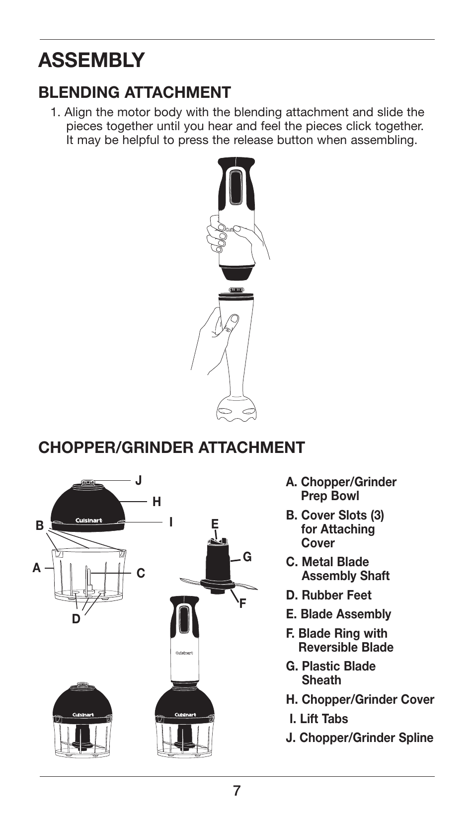 Assembly, Blending attachment, Chopper/grinder attachment | Cuisinart Smart Stick CSB-77 User Manual | Page 7 / 32