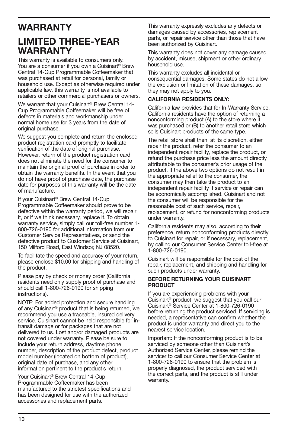 Warranty limited three-year warranty | Cuisinart Brew Central DCC-2600 Series User Manual | Page 10 / 12