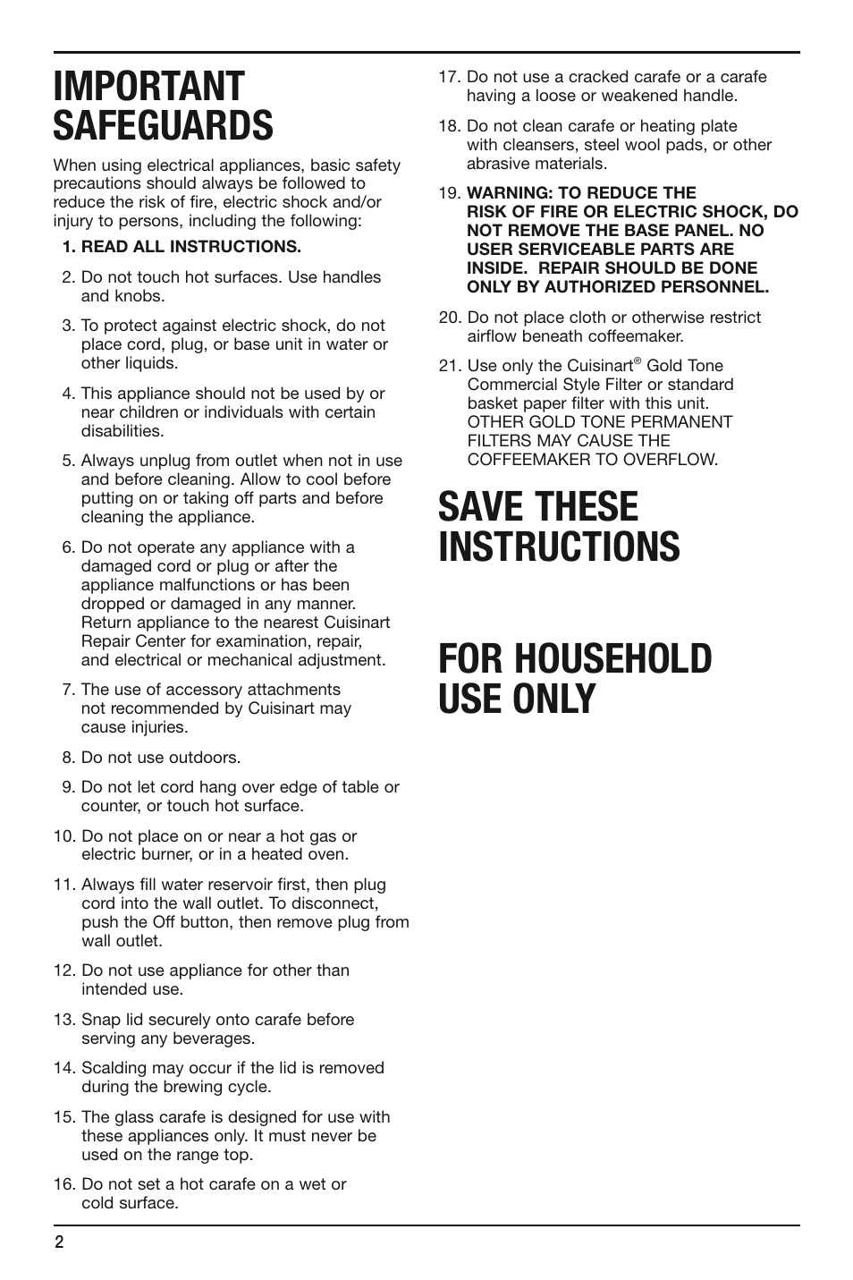 Important safeguards, Save these instructions for household use only | Cuisinart Brew Central DCC-2600 Series User Manual | Page 2 / 12
