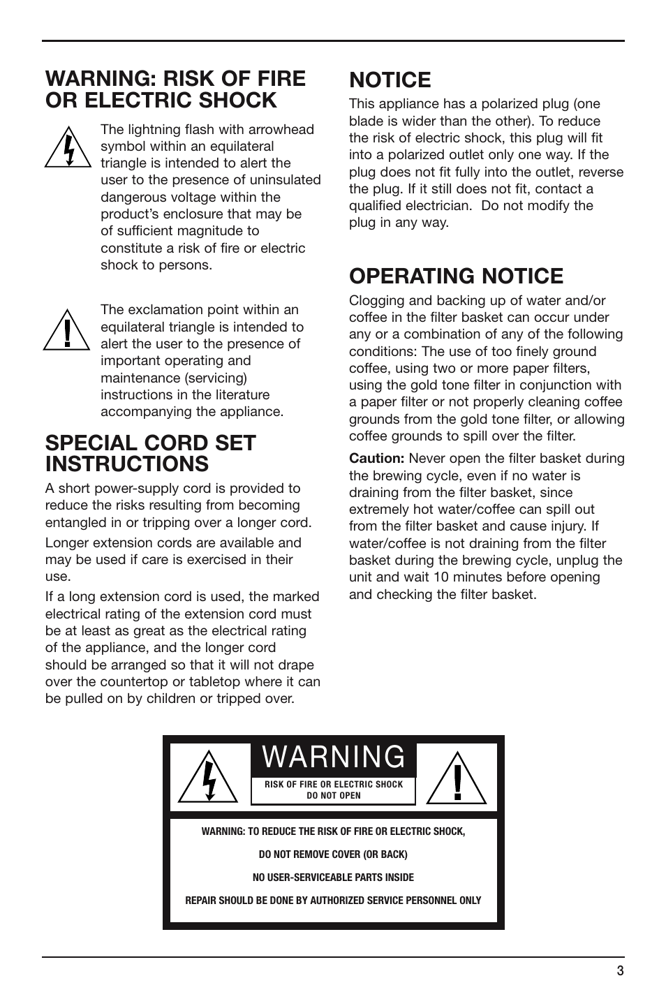 Warning, Warning: risk of fire or electric shock, Special cord set instructions | Notice, Operating notice | Cuisinart Brew Central DCC-2600 Series User Manual | Page 3 / 12