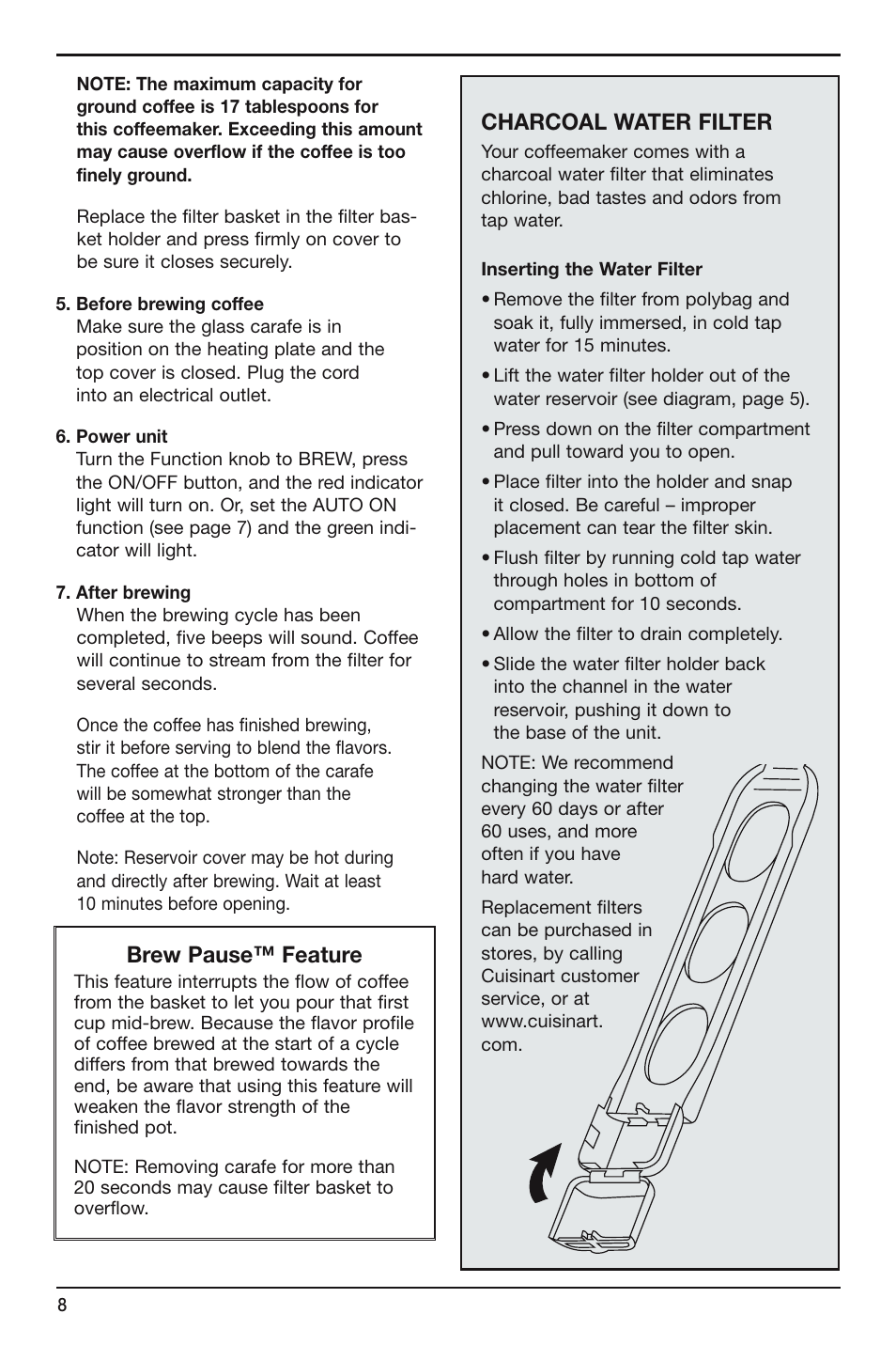 Charcoal water filter, Brew pause™ feature | Cuisinart Brew Central DCC-2600 Series User Manual | Page 8 / 12