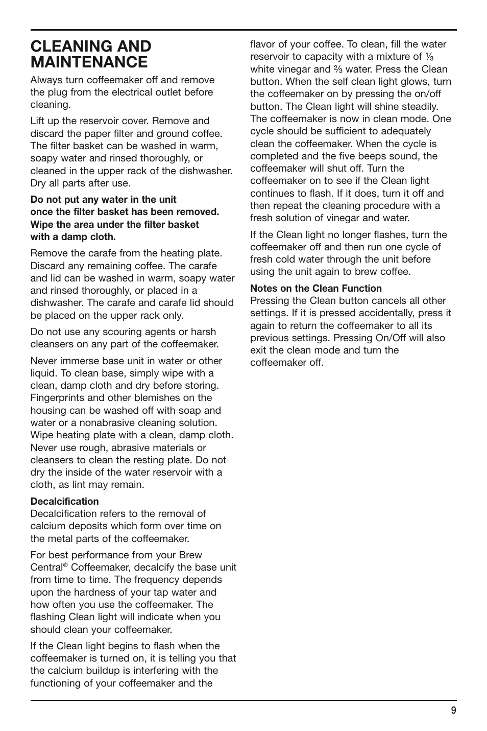Cleaning and maintenance | Cuisinart Brew Central DCC-2600 Series User Manual | Page 9 / 12