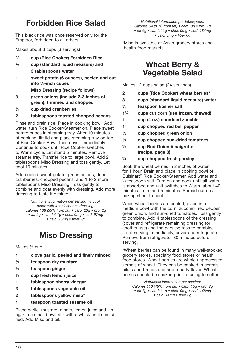 Forbidden rice salad, Miso dressing, Wheat berry & vegetable salad | Cuisinart CRC-800 User Manual | Page 10 / 21