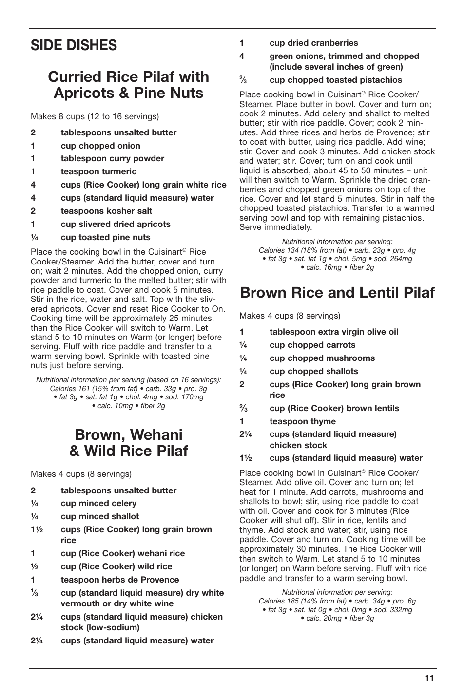 Brown, wehani & wild rice pilaf, Brown rice and lentil pilaf | Cuisinart CRC-800 User Manual | Page 11 / 21