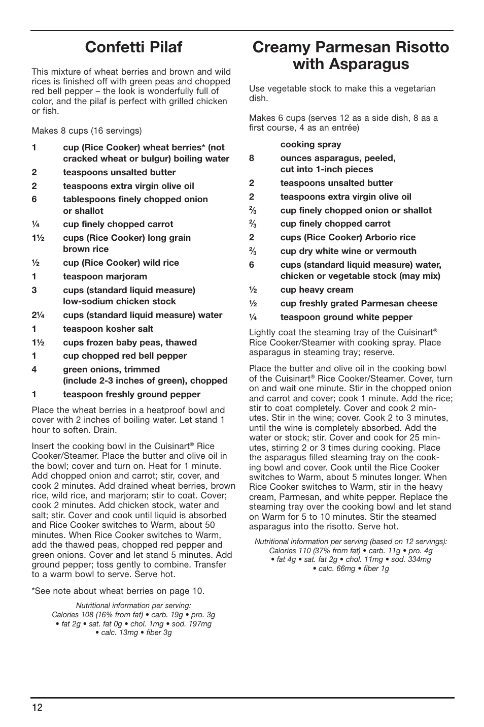 Confetti pilaf, Creamy parmesan risotto with asparagus | Cuisinart CRC-800 User Manual | Page 12 / 21