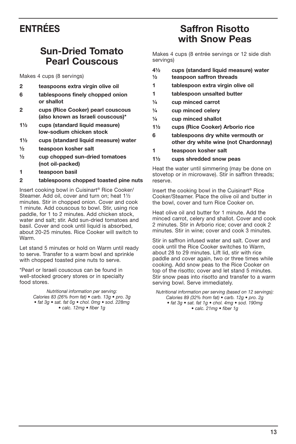 Entrées sun-dried tomato pearl couscous, Saffron risotto with snow peas | Cuisinart CRC-800 User Manual | Page 13 / 21