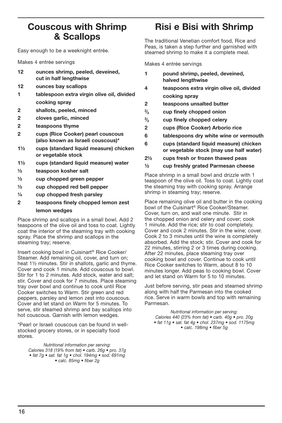 Couscous with shrimp & scallops, Risi e bisi with shrimp | Cuisinart CRC-800 User Manual | Page 16 / 21
